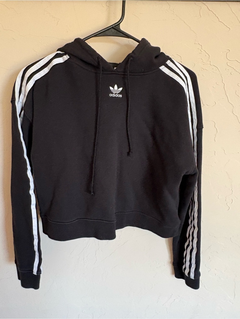 adidas Black Cropped Hoodie with White Three-Stripes